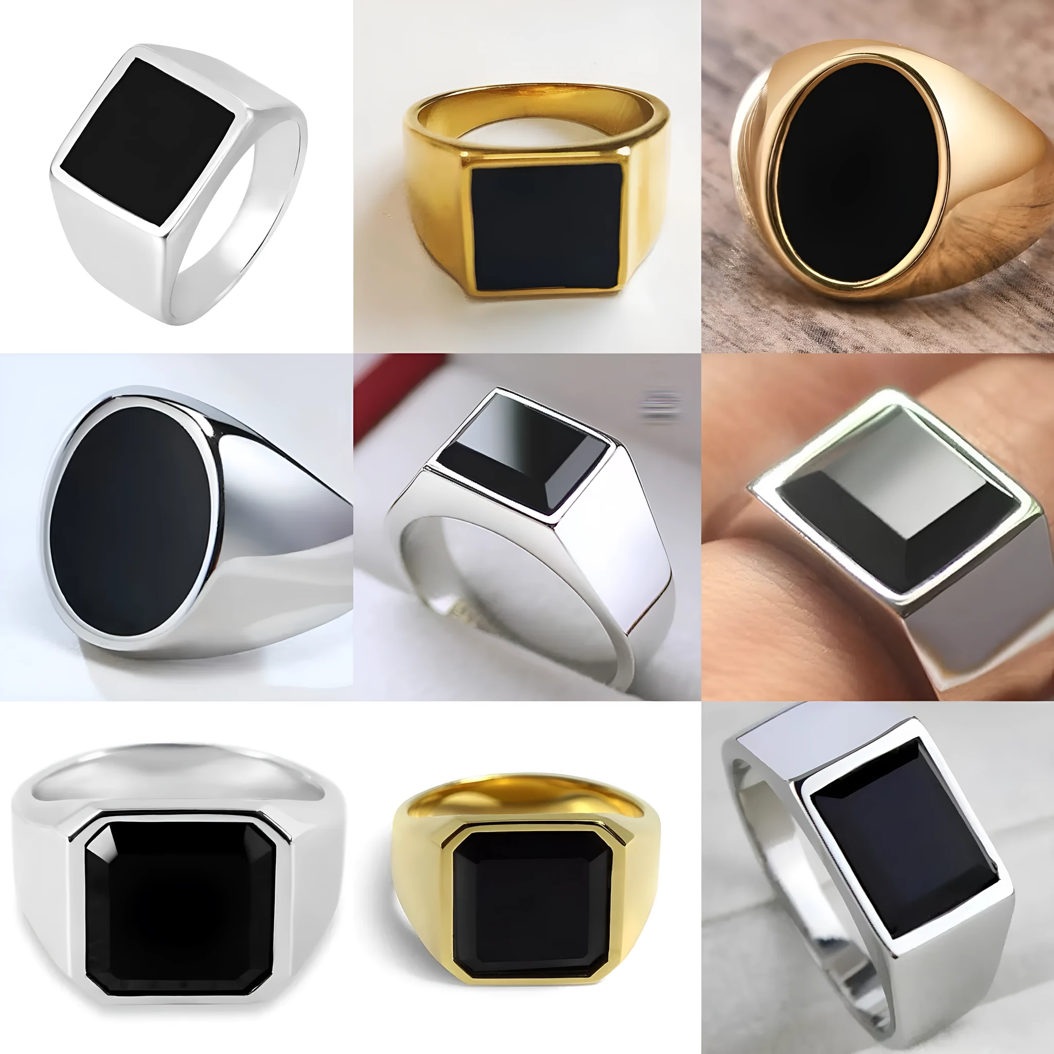 Titanium steel hexagonal men's ring with glossy black epoxy inlay on white background