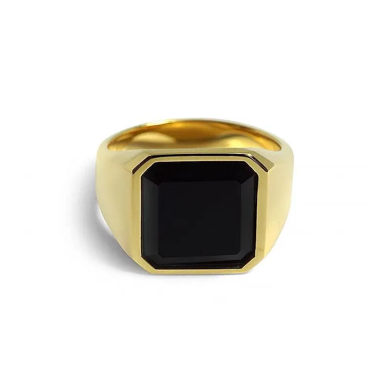 Titanium steel hexagonal men's ring with glossy black epoxy inlay on white background