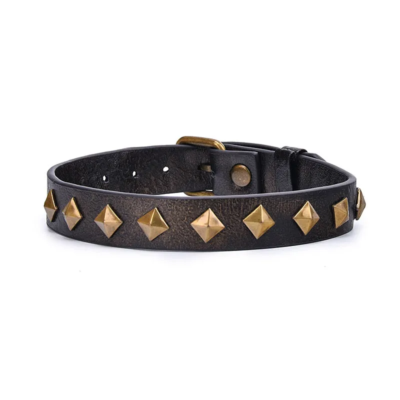 Bronze cowhide leather retro punk rivet collar for fashion or fetish wear