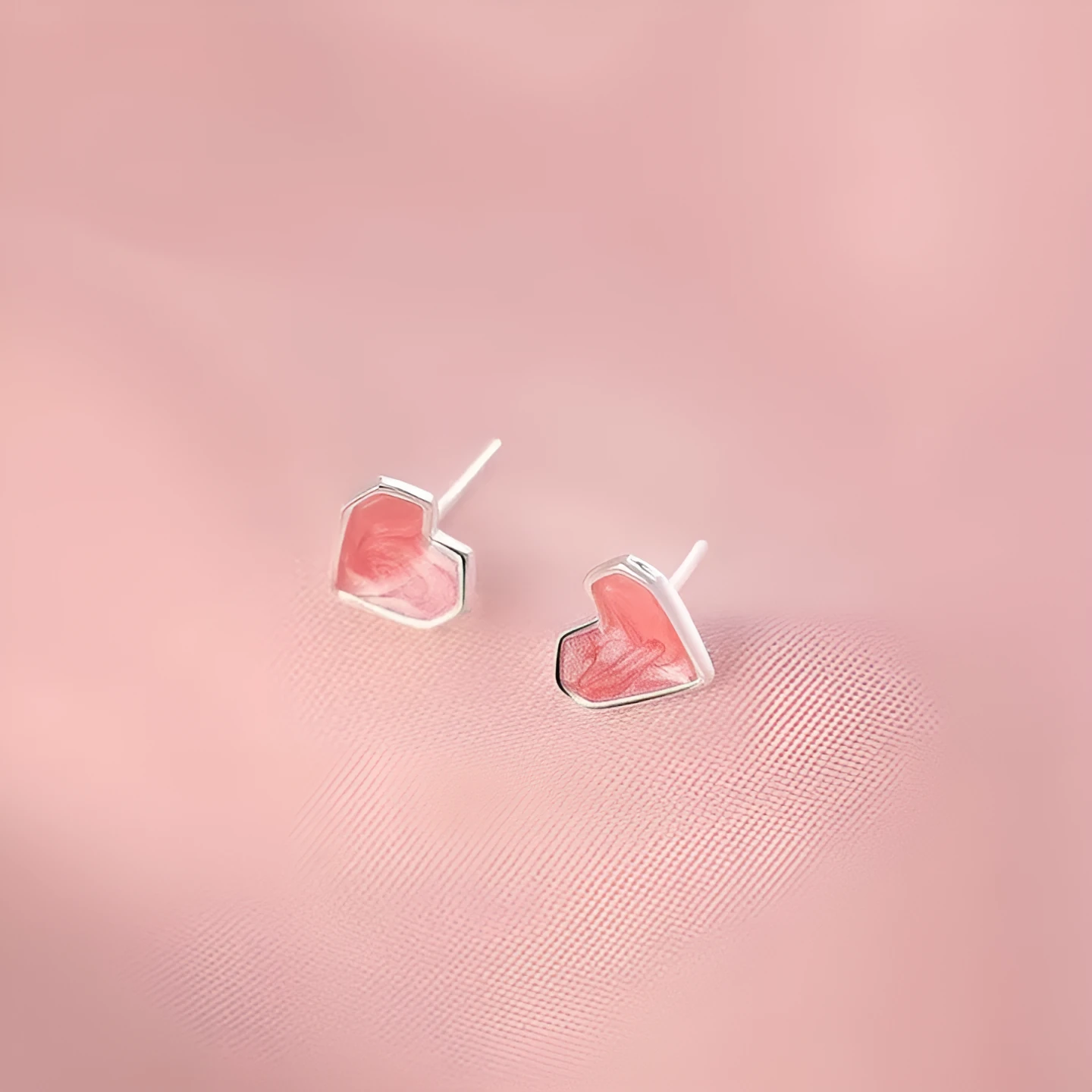 Sterling silver S925 heart shaped ear studs for women pink and white niche style