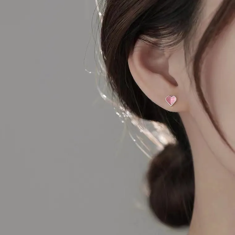 Sterling silver S925 heart shaped ear studs for women pink and white niche style