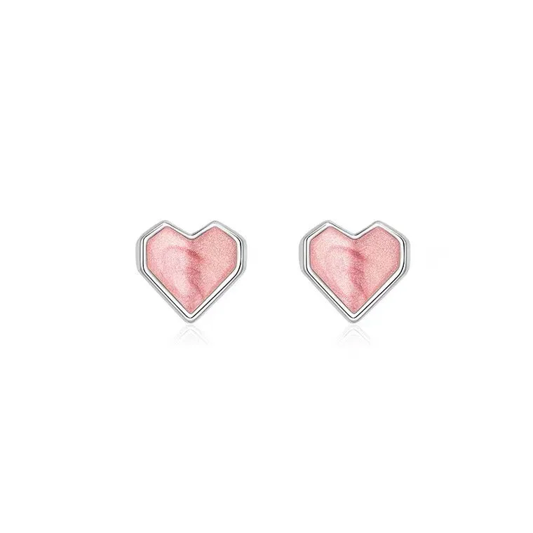 Sterling silver S925 heart shaped ear studs for women pink and white niche style