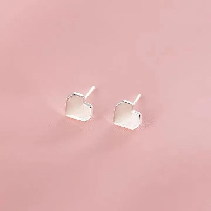 Sterling silver S925 heart shaped ear studs for women pink and white niche style