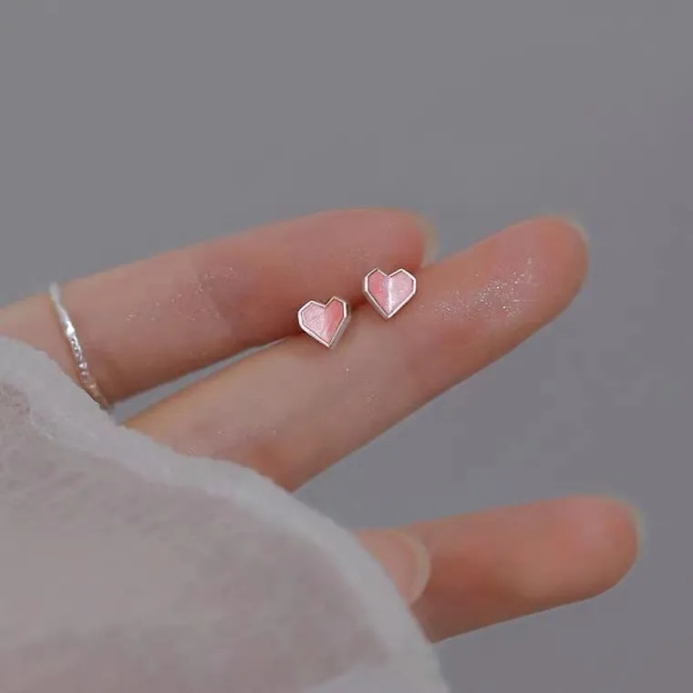 Sterling silver S925 heart shaped ear studs for women pink and white niche style