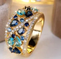 Women's round hollow fashion ring in copper with a choice of gemstone colours on a size chart.