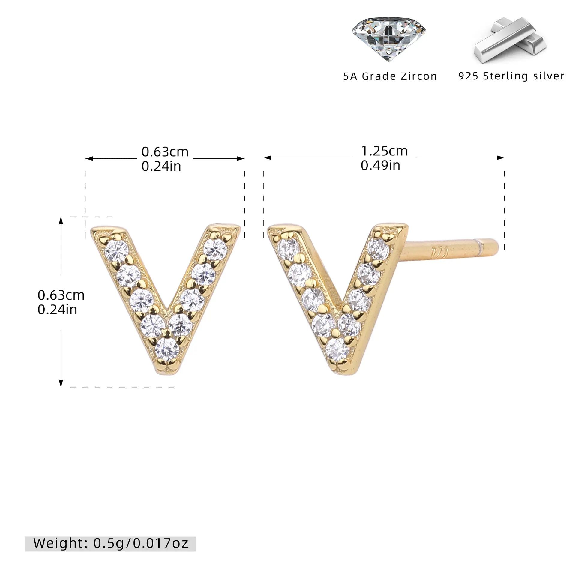 925 silver letter ear stud with electroplated gold finish, alphabet motif