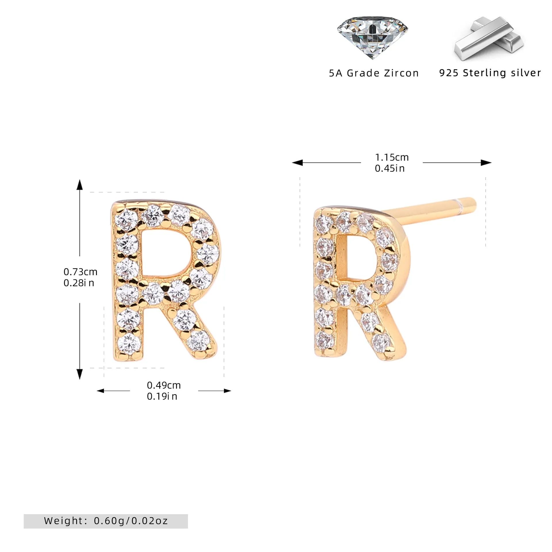 925 silver letter ear stud with electroplated gold finish, alphabet motif