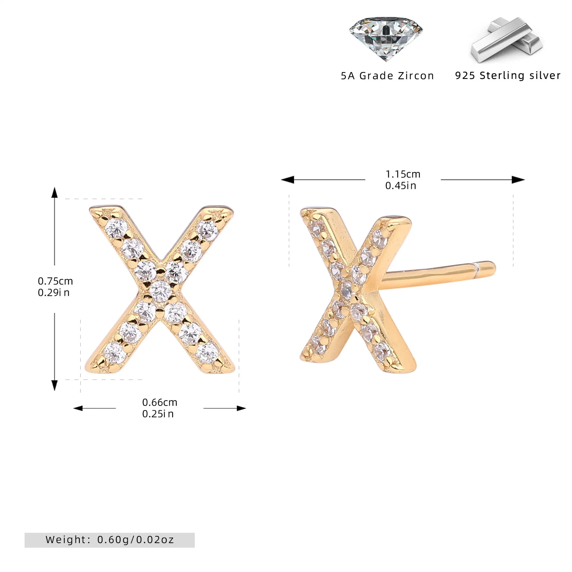 925 silver letter ear stud with electroplated gold finish, alphabet motif