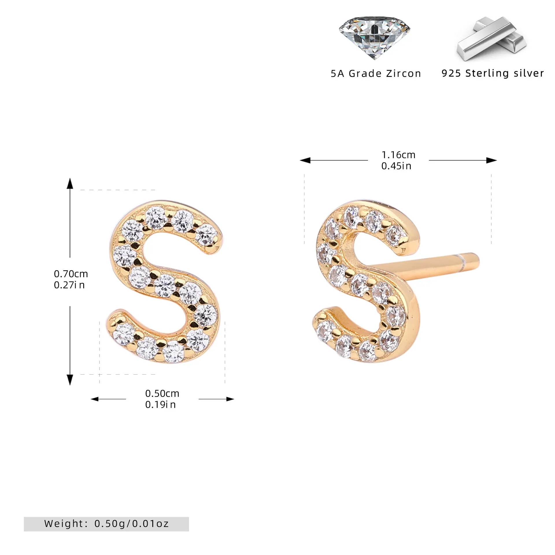 925 silver letter ear stud with electroplated gold finish, alphabet motif