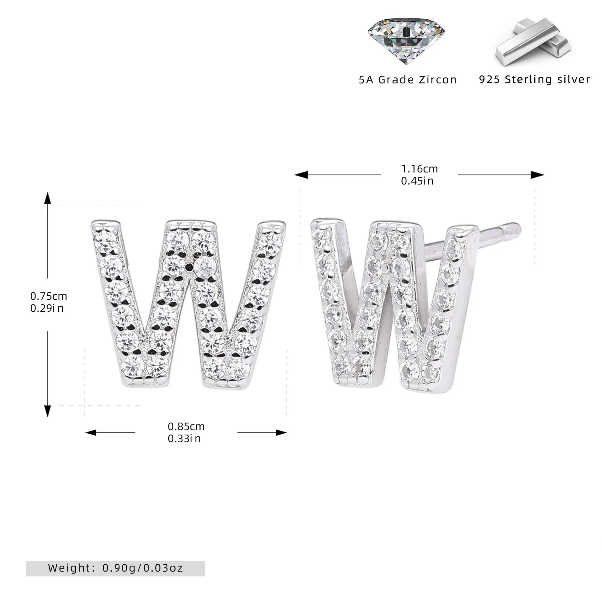 925 silver letter ear stud with electroplated gold finish, alphabet motif