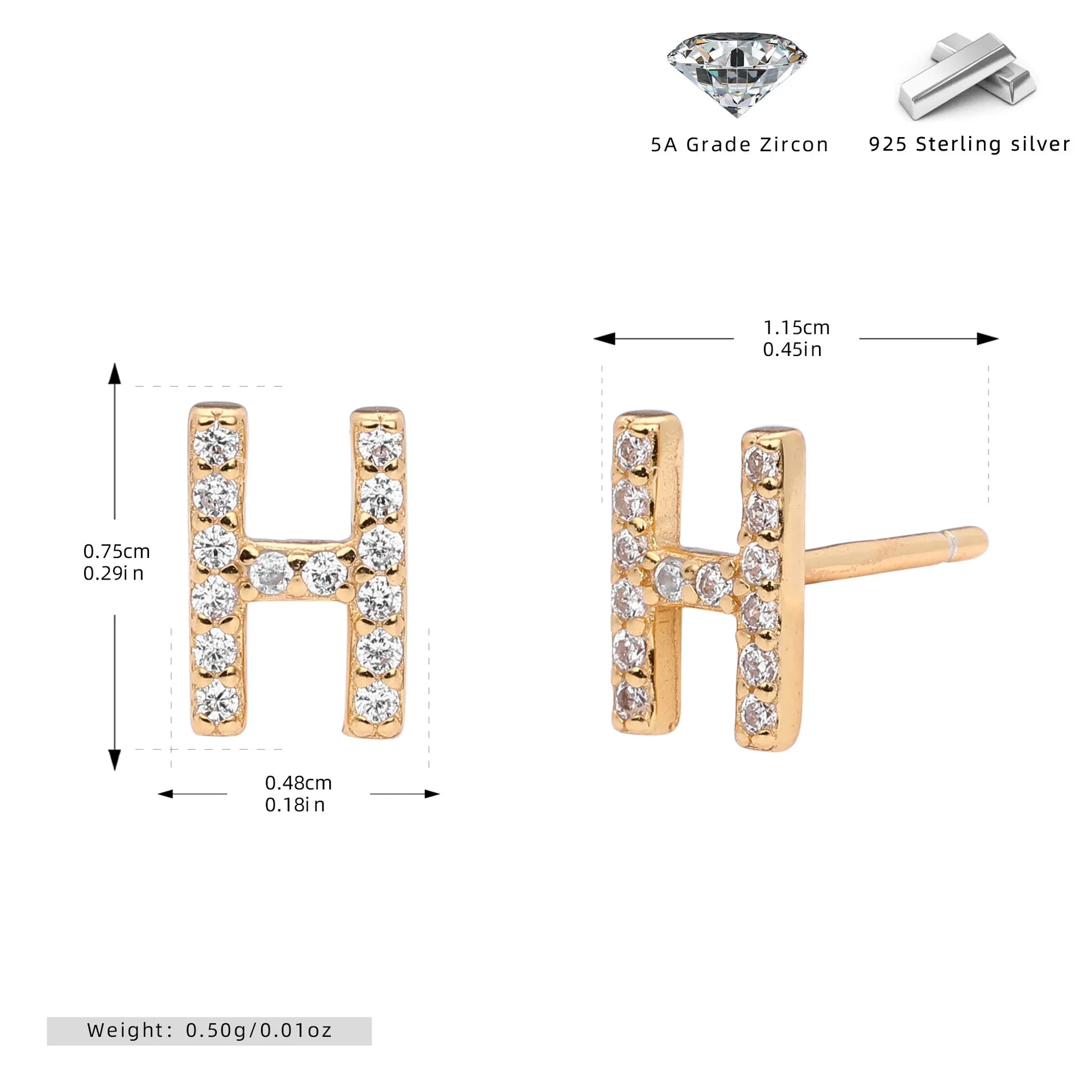 925 silver letter ear stud with electroplated gold finish, alphabet motif