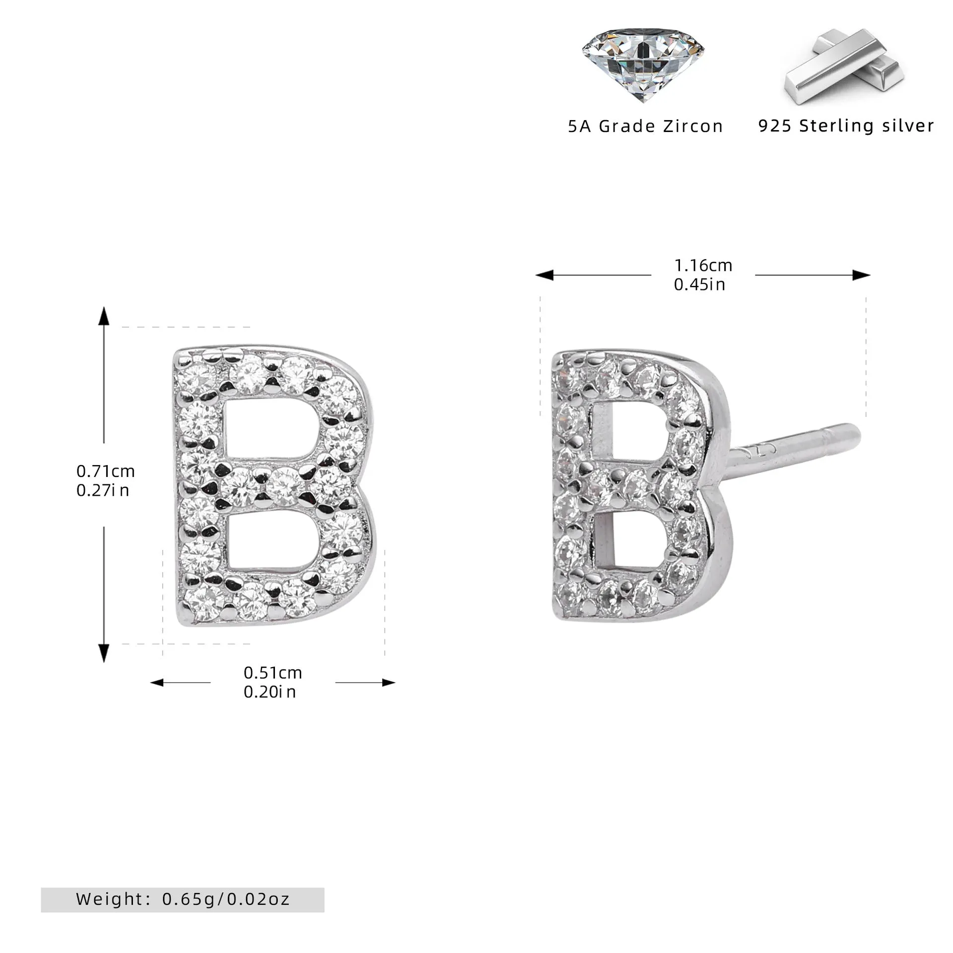 925 silver letter ear stud with electroplated gold finish, alphabet motif