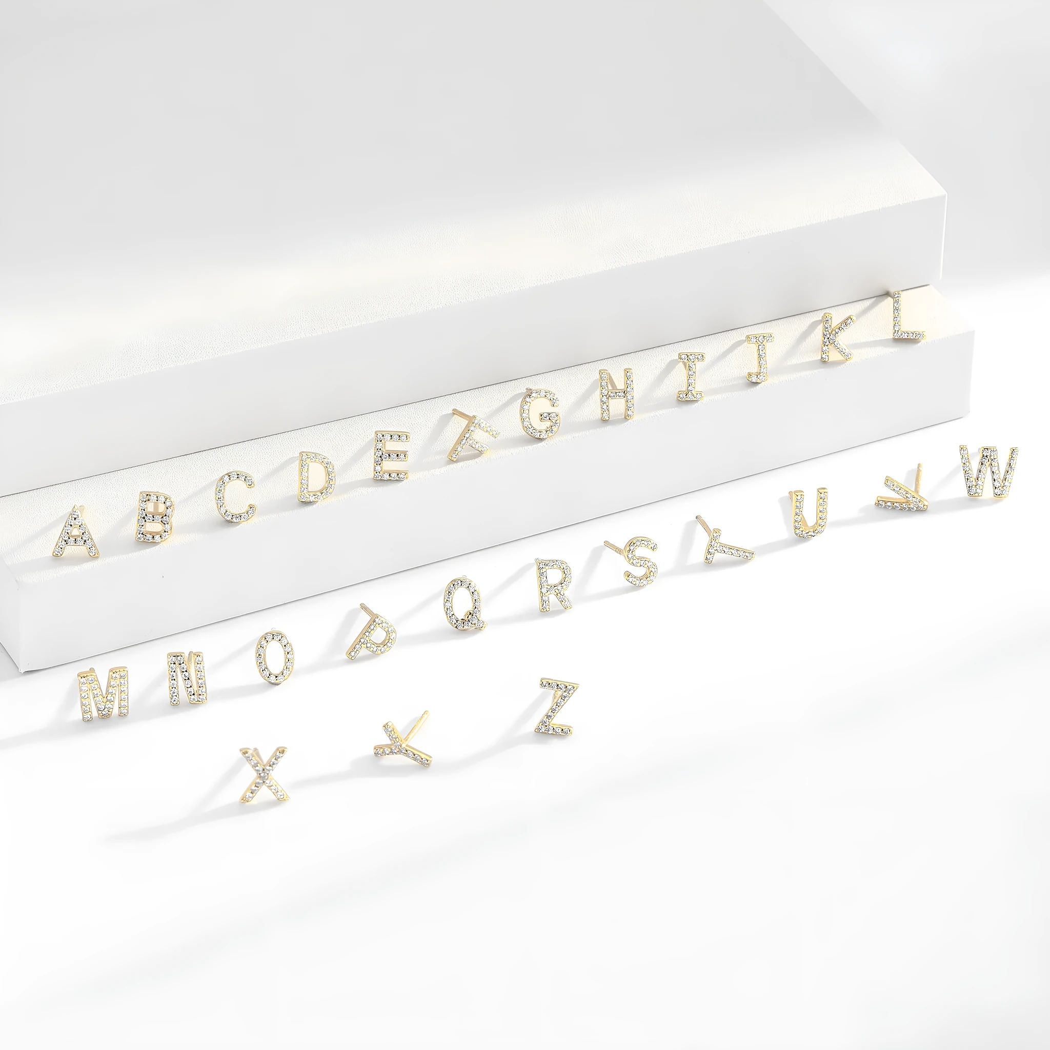 925 silver letter ear stud with electroplated gold finish, alphabet motif