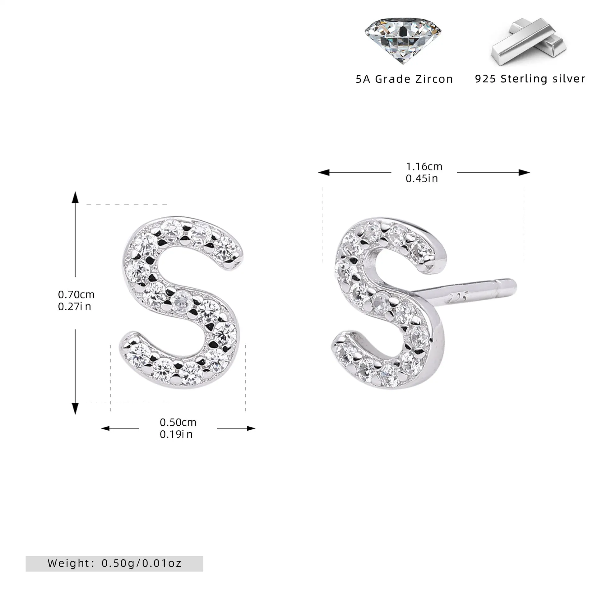 925 silver letter ear stud with electroplated gold finish, alphabet motif