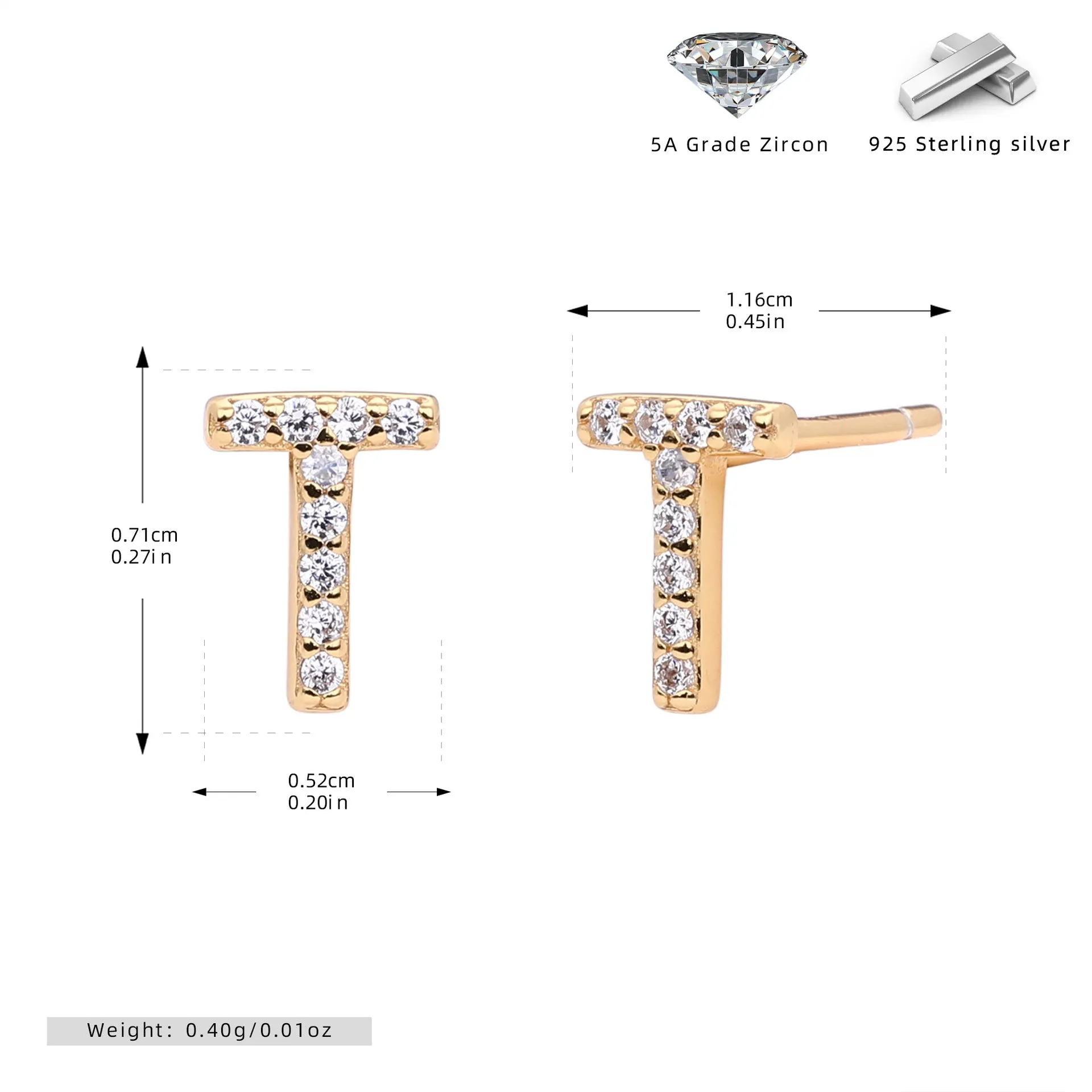 925 silver letter ear stud with electroplated gold finish, alphabet motif