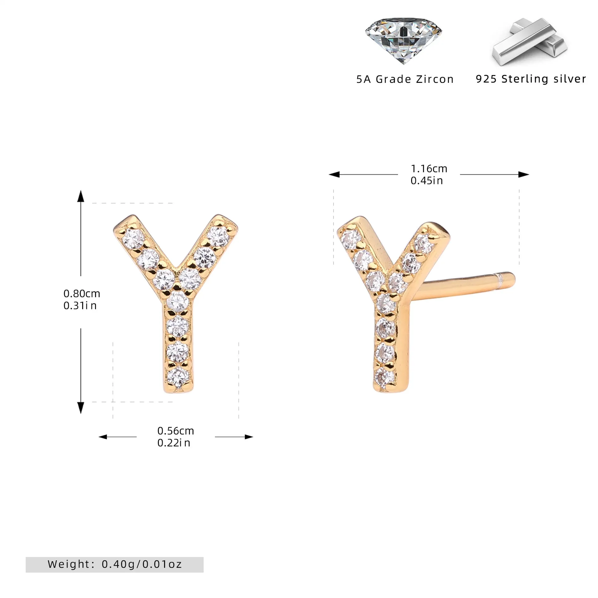 925 silver letter ear stud with electroplated gold finish, alphabet motif