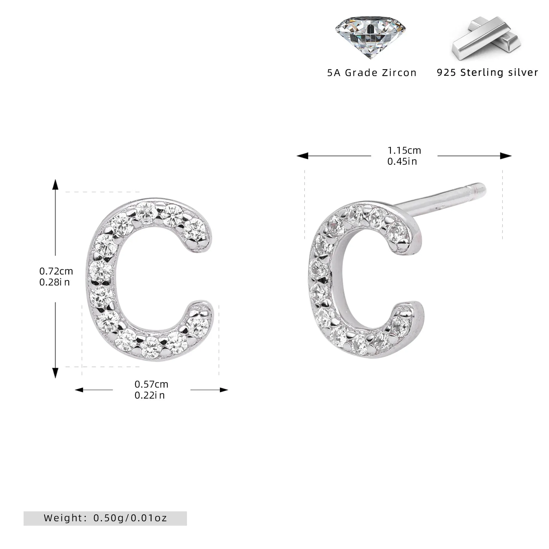 925 silver letter ear stud with electroplated gold finish, alphabet motif