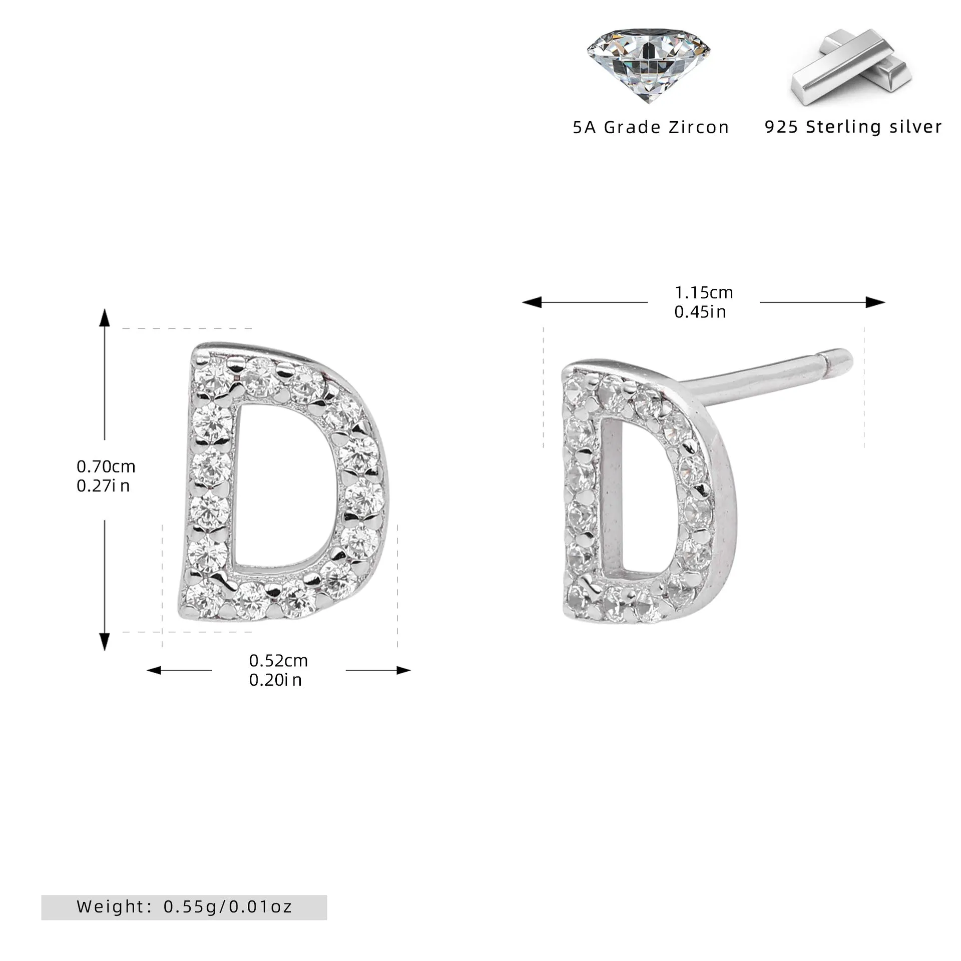 925 silver letter ear stud with electroplated gold finish, alphabet motif