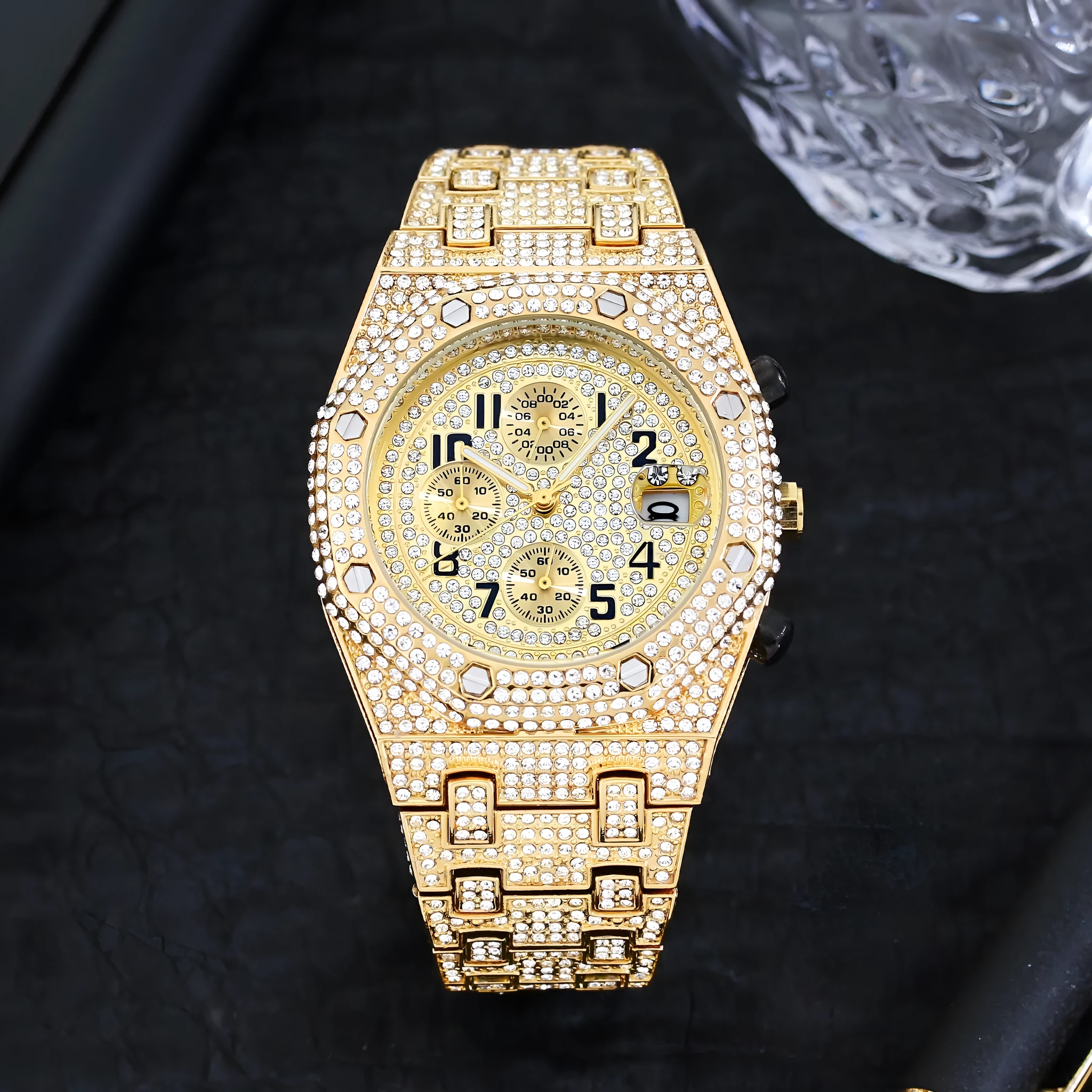 Full diamond three-eye chronograph quartz men's watch with 45mm gold alloy strap