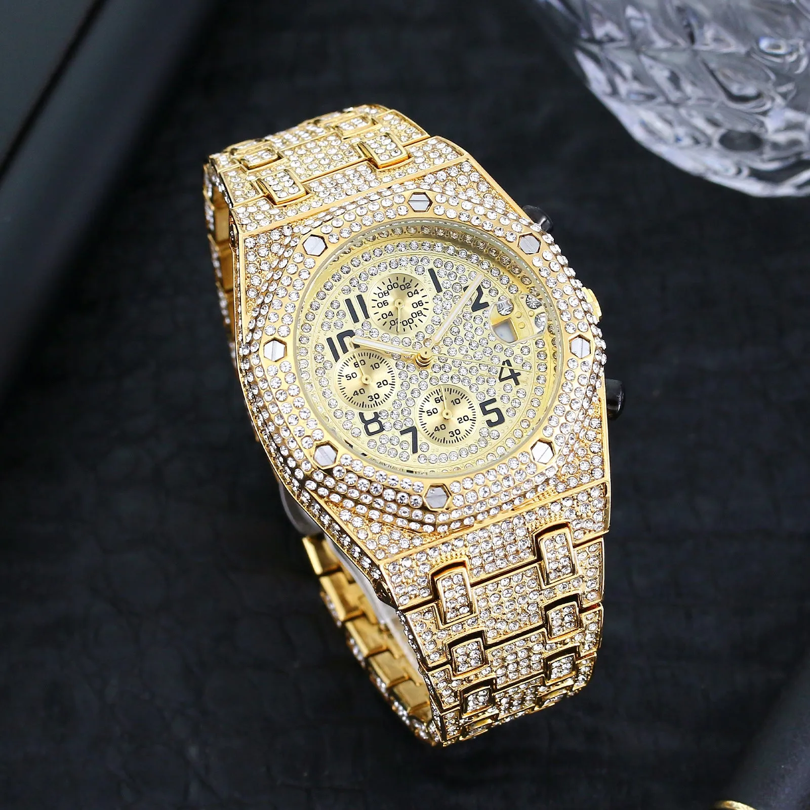 Full diamond three-eye chronograph quartz men's watch with 45mm gold alloy strap