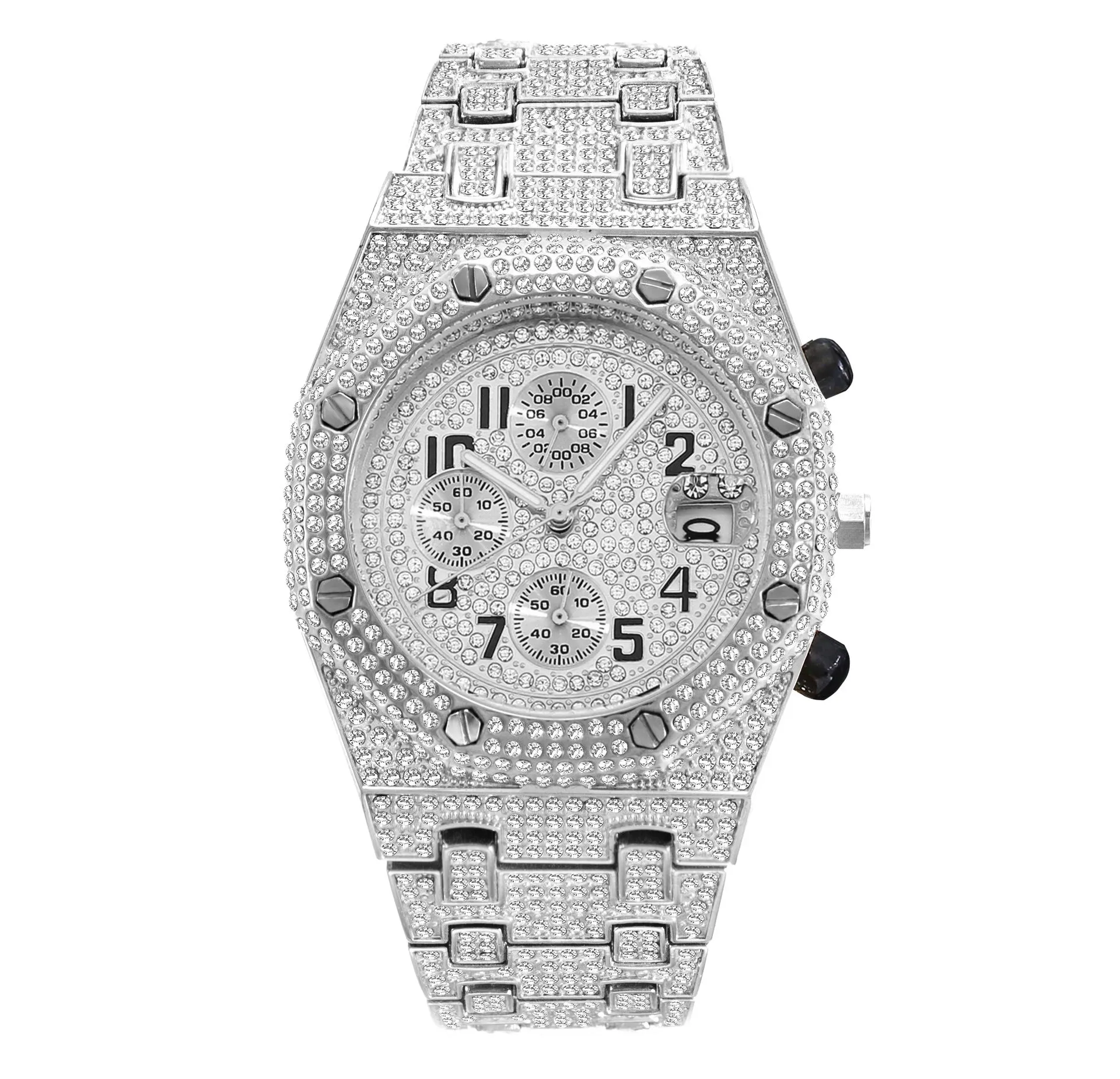 Full diamond three-eye chronograph quartz men's watch with 45mm gold alloy strap