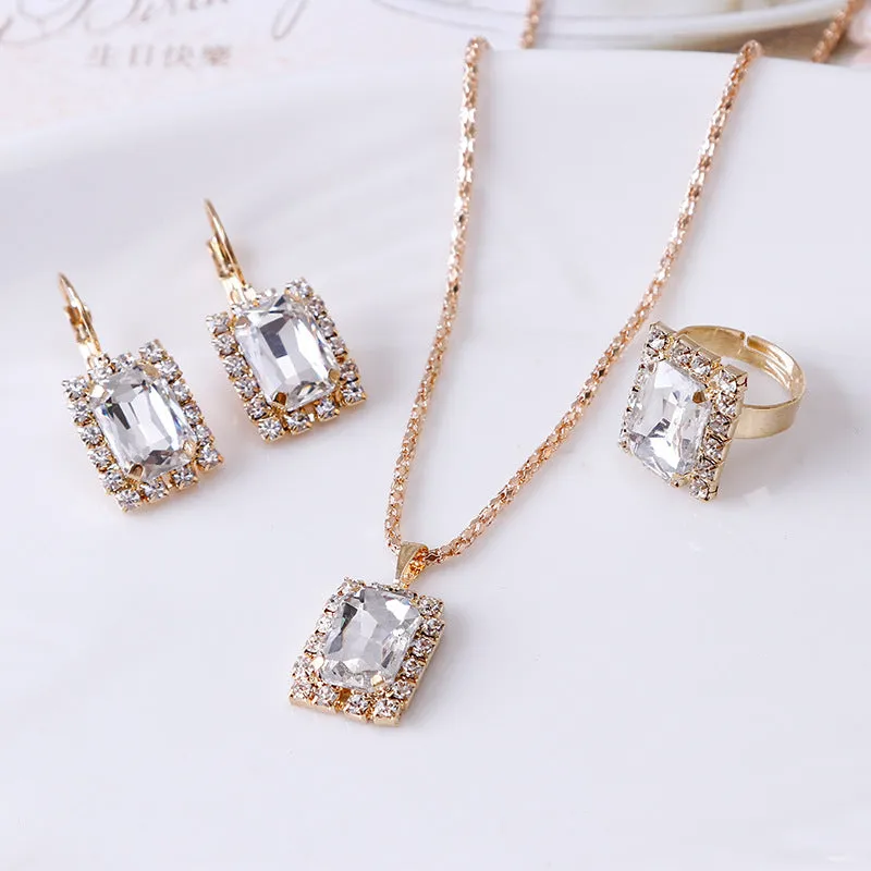 Crystal bridal necklace earring ring three piece set alloy artificial gems adjustable 51-80cm extension chain
