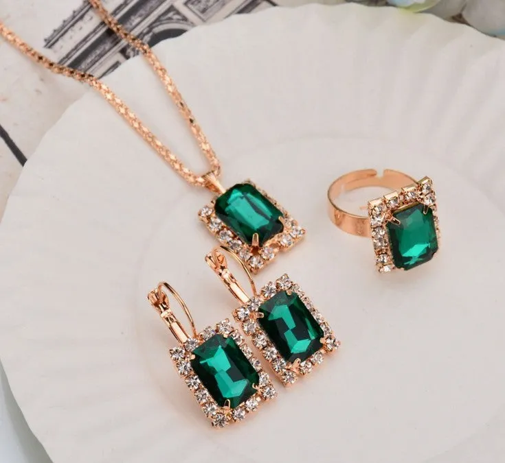 Crystal bridal necklace earring ring three piece set alloy artificial gems adjustable 51-80cm extension chain