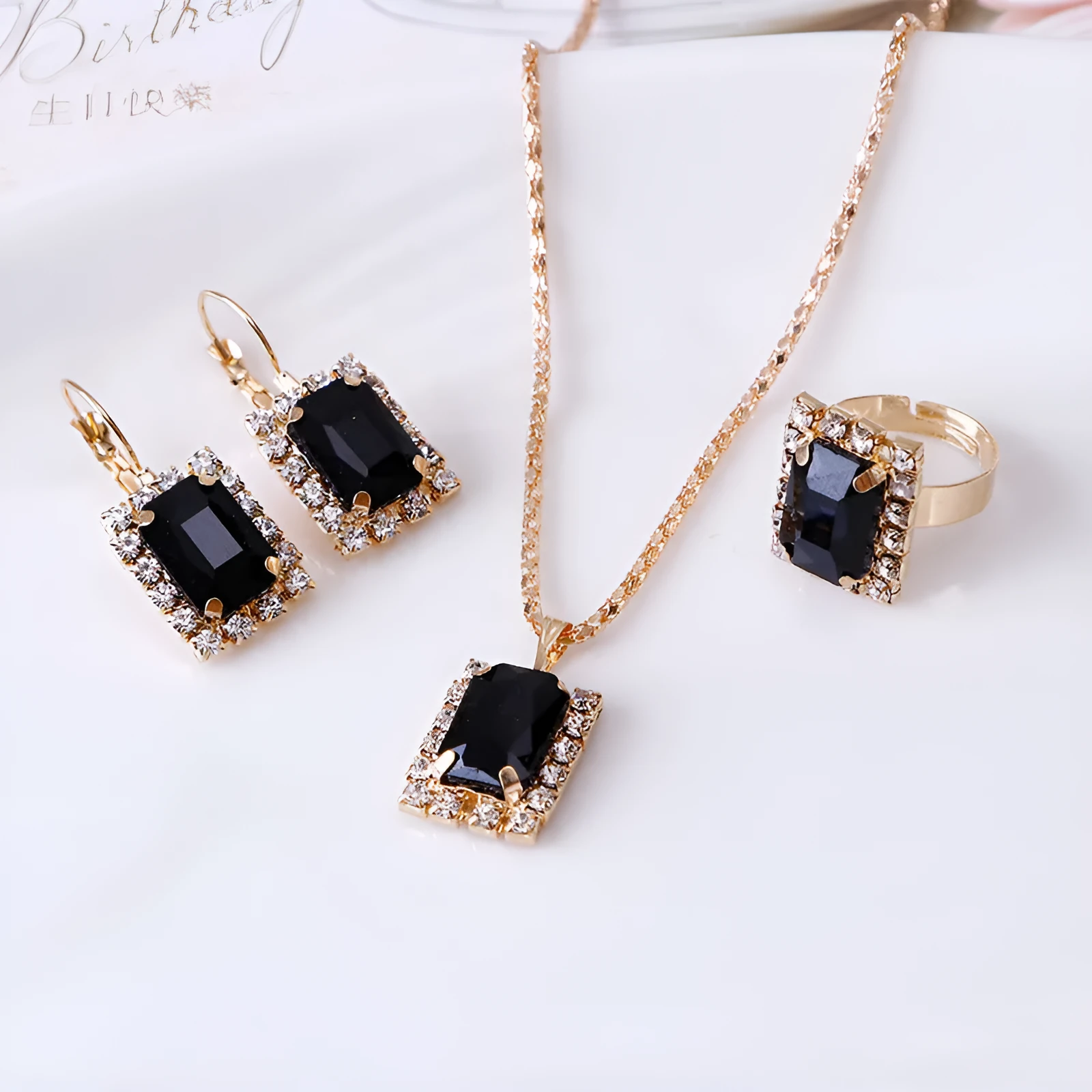 Crystal bridal necklace earring ring three piece set alloy artificial gems adjustable 51-80cm extension chain