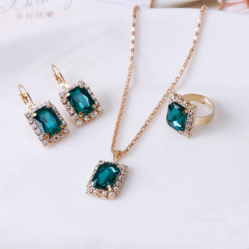 Crystal bridal necklace earring ring three piece set alloy artificial gems adjustable 51-80cm extension chain
