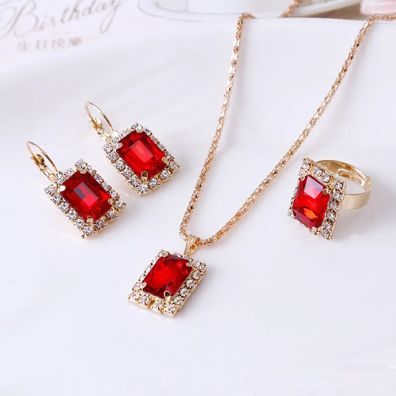 Crystal bridal necklace earring ring three piece set alloy artificial gems adjustable 51-80cm extension chain