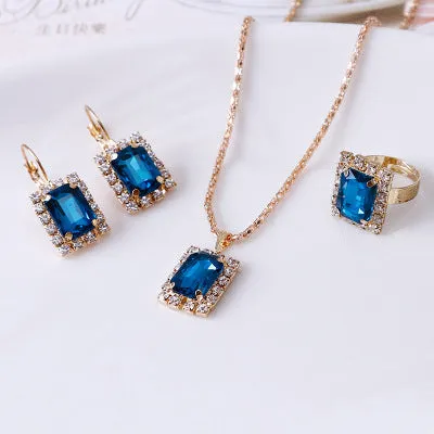 Crystal bridal necklace earring ring three piece set alloy artificial gems adjustable 51-80cm extension chain