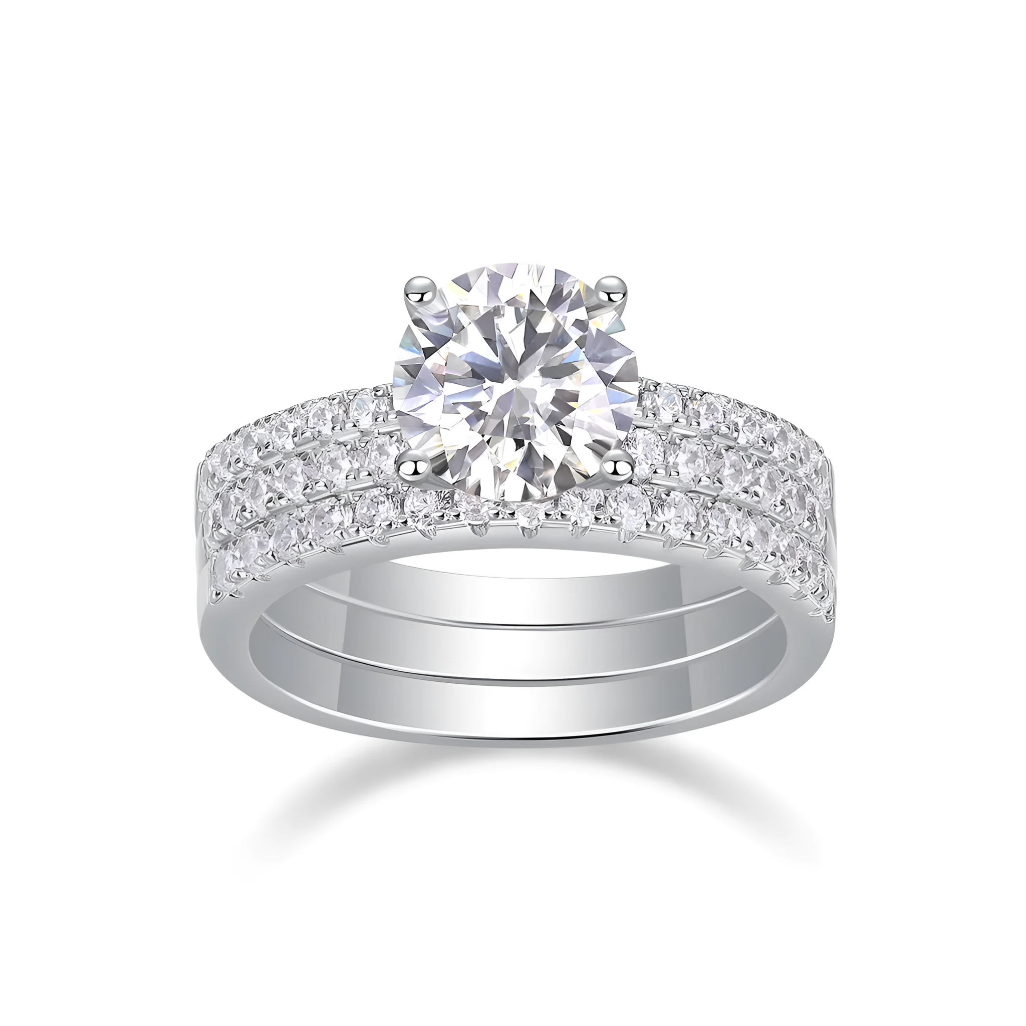 Dreamy 2-carat moissanite wedding ring set on white background, S925 silver platinum-plated band
