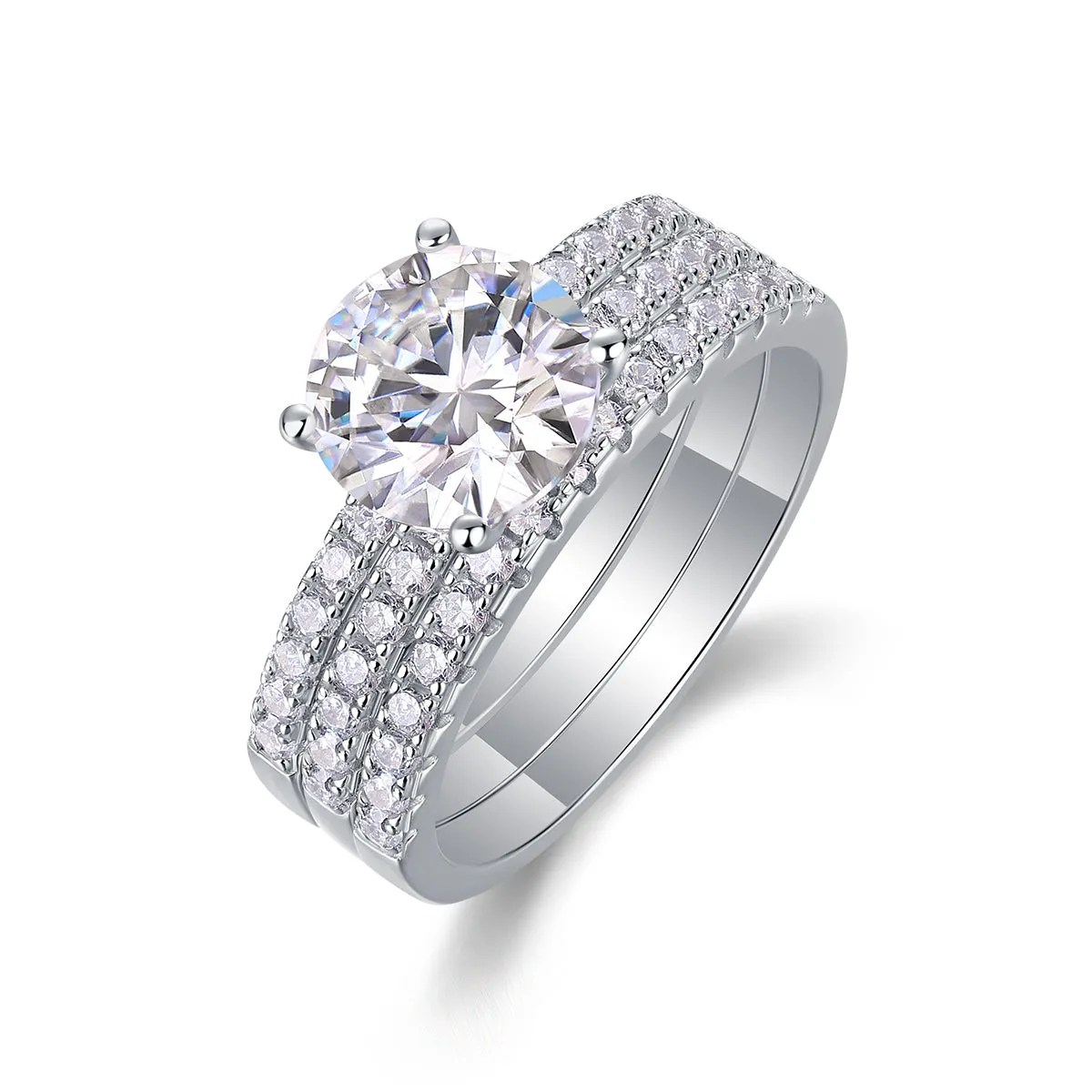 Dreamy 2-carat moissanite wedding ring set on white background, S925 silver platinum-plated band