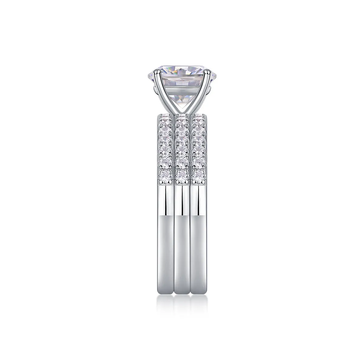 Dreamy 2-carat moissanite wedding ring set on white background, S925 silver platinum-plated band
