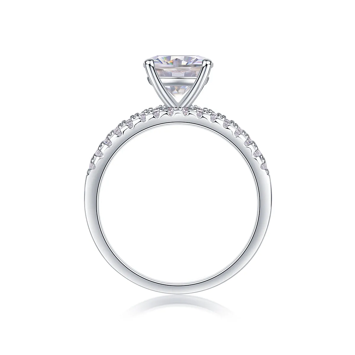 Dreamy 2-carat moissanite wedding ring set on white background, S925 silver platinum-plated band