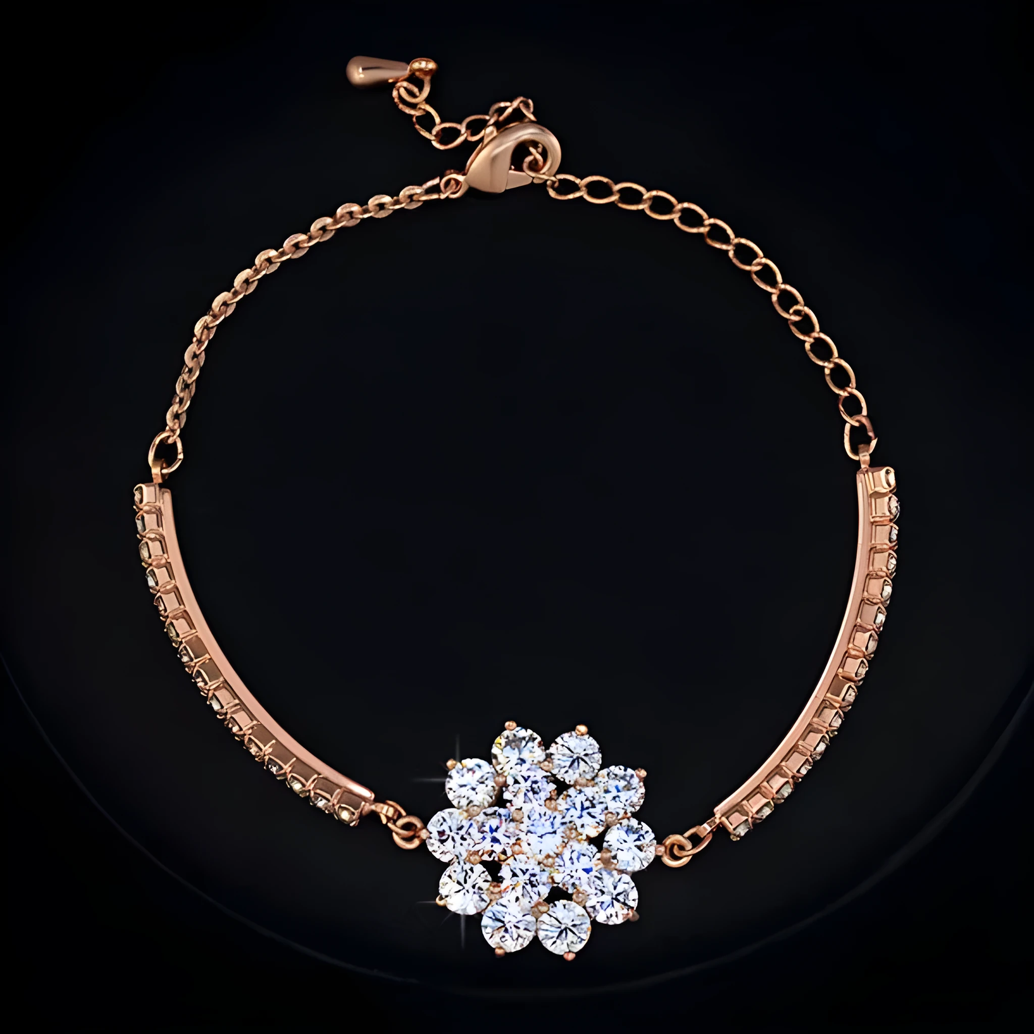 Rose gold cubic zirconia bracelet with cross crown Roman numeral motifs on alloy setting