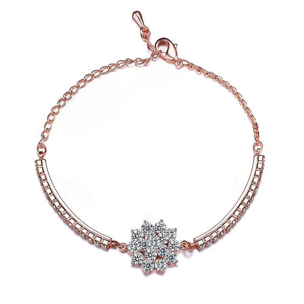 Rose gold cubic zirconia bracelet with cross crown Roman numeral motifs on alloy setting