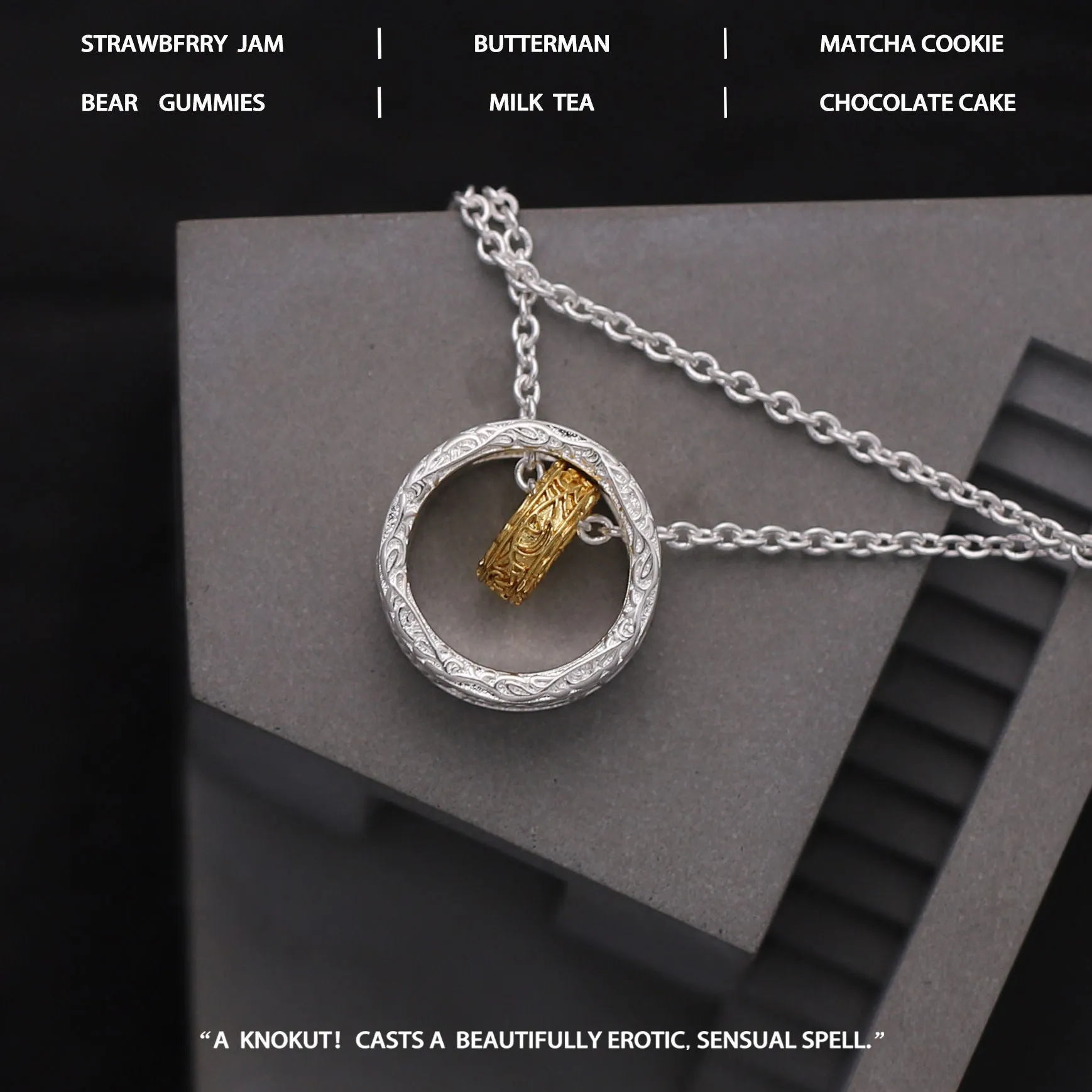 Geometric copper nested necklace with gold and silver electroplated finish, round and ring elements, on display