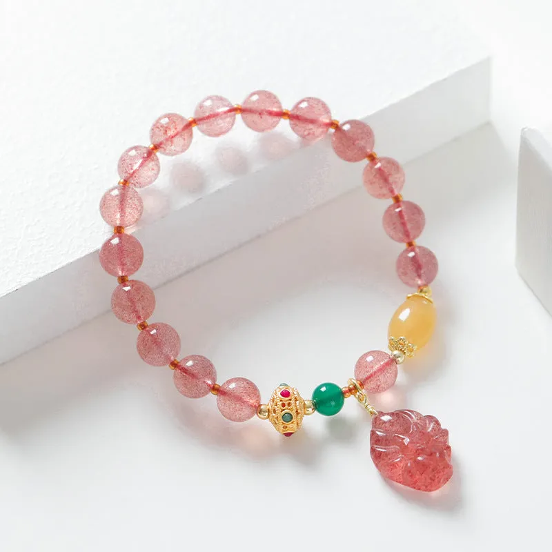Polished crystal strawberry quartz beaded bracelet in a Nine Tail Fox style for women.