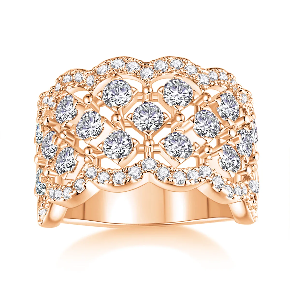 Lace Snowflake moissanite wedding ring set in S925 silver with platinum plating on a black background