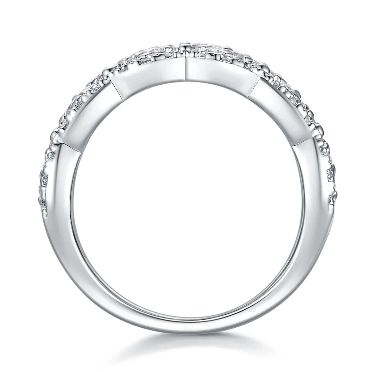 Lace Snowflake moissanite wedding ring set in S925 silver with platinum plating on a black background