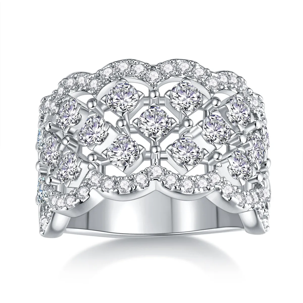Lace Snowflake moissanite wedding ring set in S925 silver with platinum plating on a black background