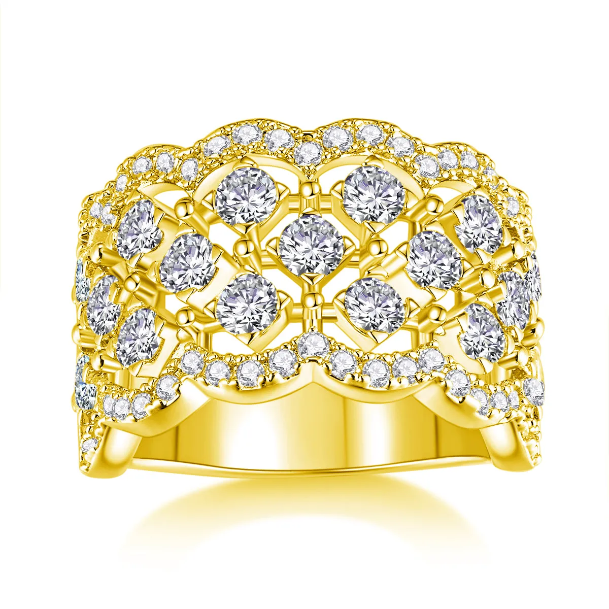 Lace Snowflake moissanite wedding ring set in S925 silver with platinum plating on a black background