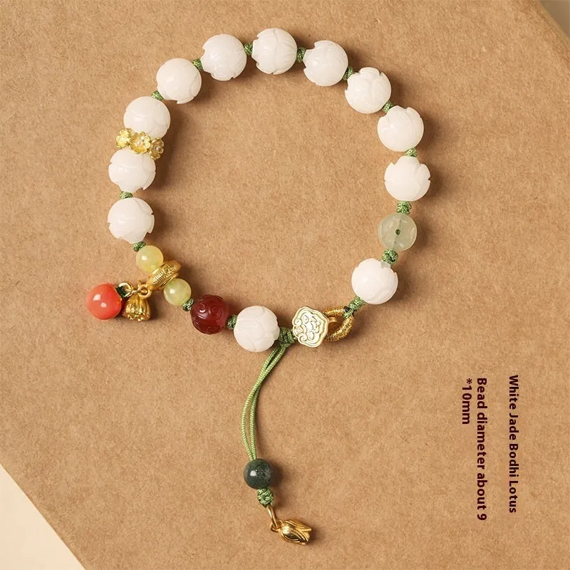White jade Bodhi bracelet with hand-woven rope, lotus beads, and large pumpkin beads on an open ring design.