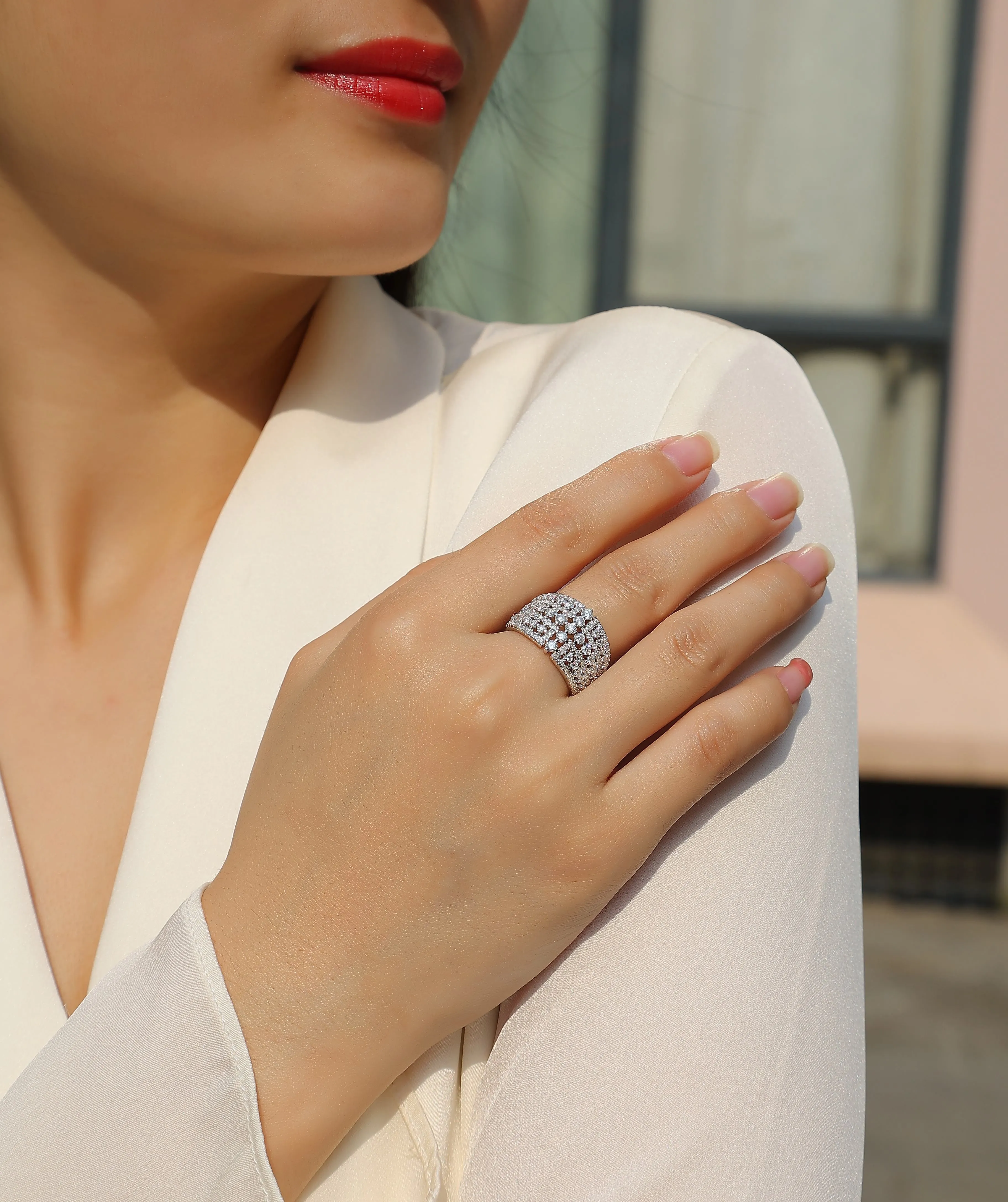 Ballet of Time moissanite wedding ring set in platinum finish with silver band and gift box