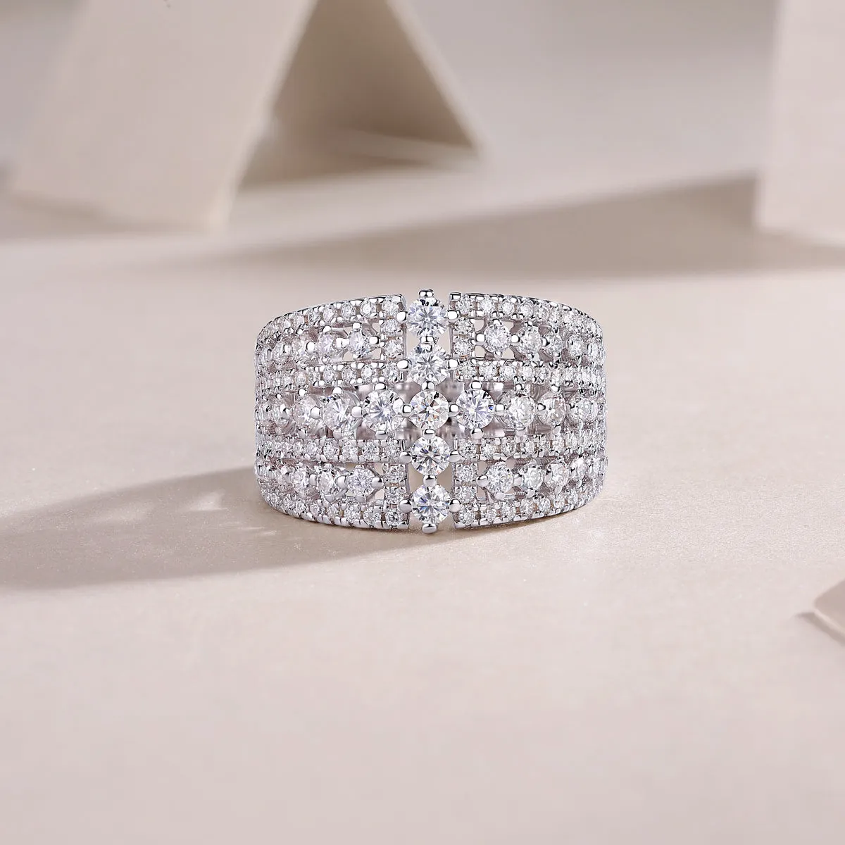 Ballet of Time moissanite wedding ring set in platinum finish with silver band and gift box