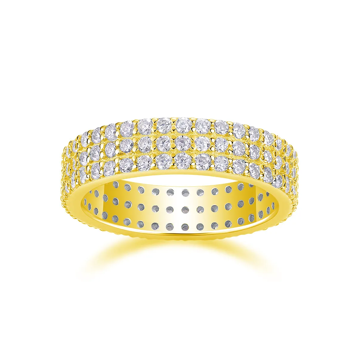 Moissanite wedding ring set in S925 silver with platinum plating, yellow gold colour, on white background