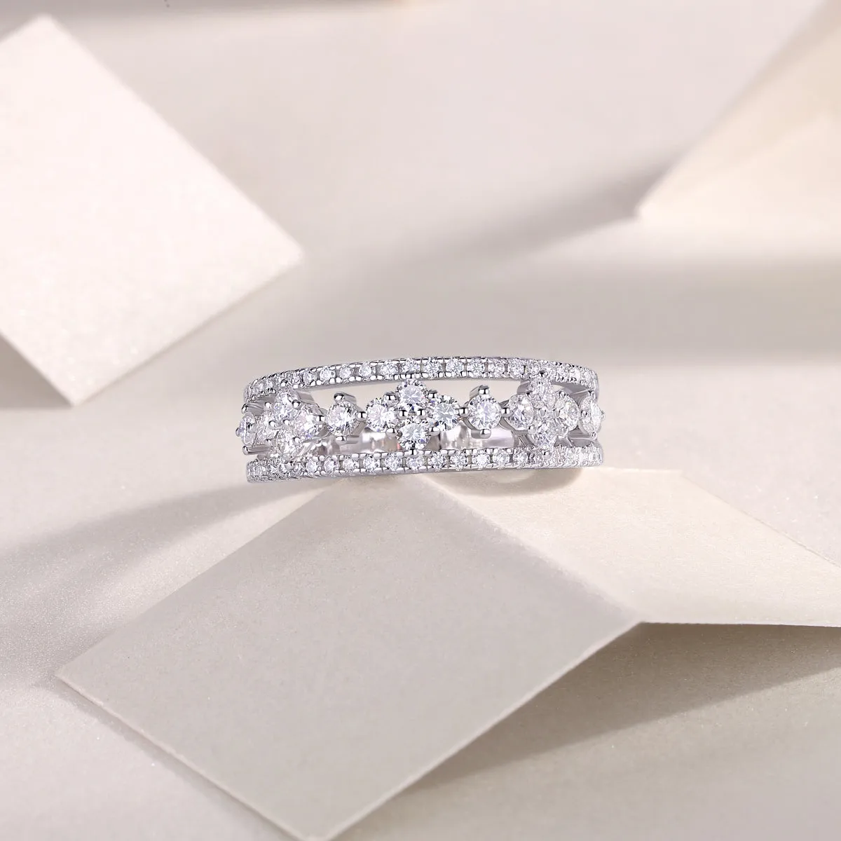 Moissanite wedding ring set on white background, S925 silver with platinum plating, ring size 7, includes GRA certificate and gift box