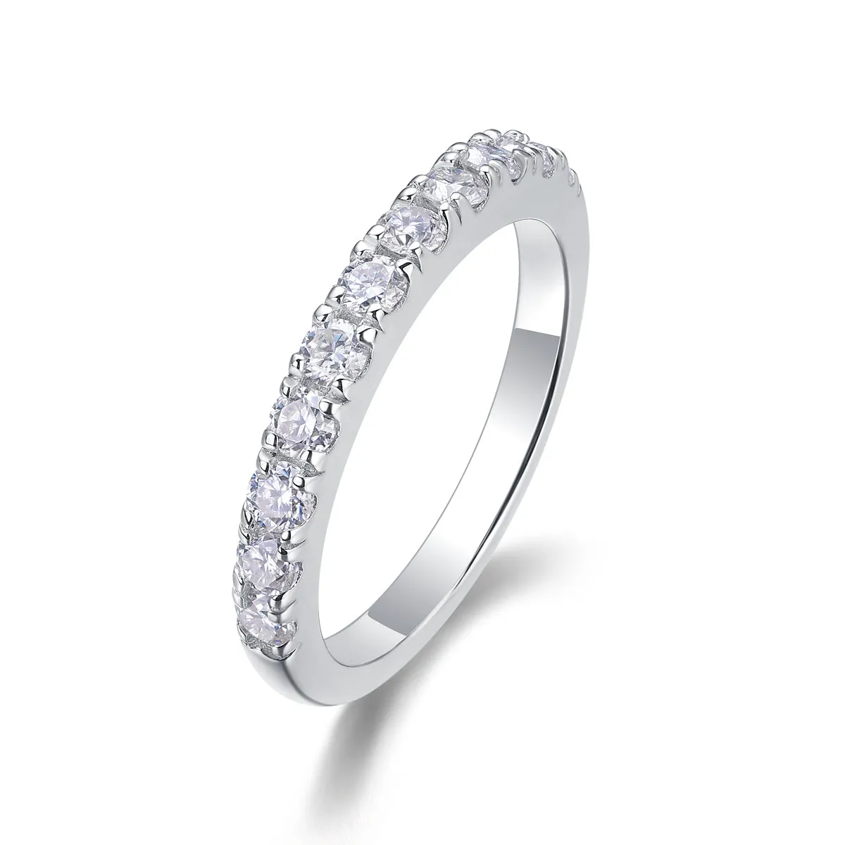 Parallel World moissanite wedding ring set in gold, S925 silver with platinum plating, on white background