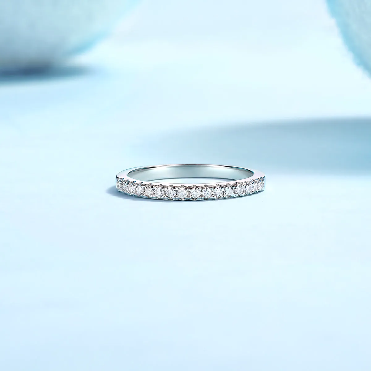 Parallel World moissanite wedding ring set in gold, S925 silver with platinum plating, on white background